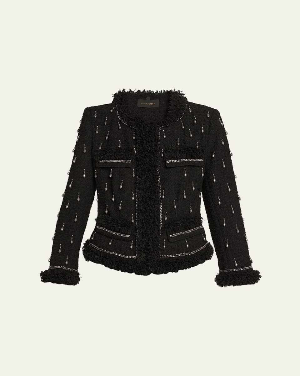 Hana Beaded Fringe-Trim Tweed Jacket